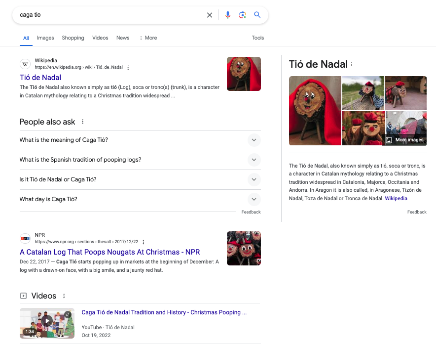 Recherche de caga tio : Google