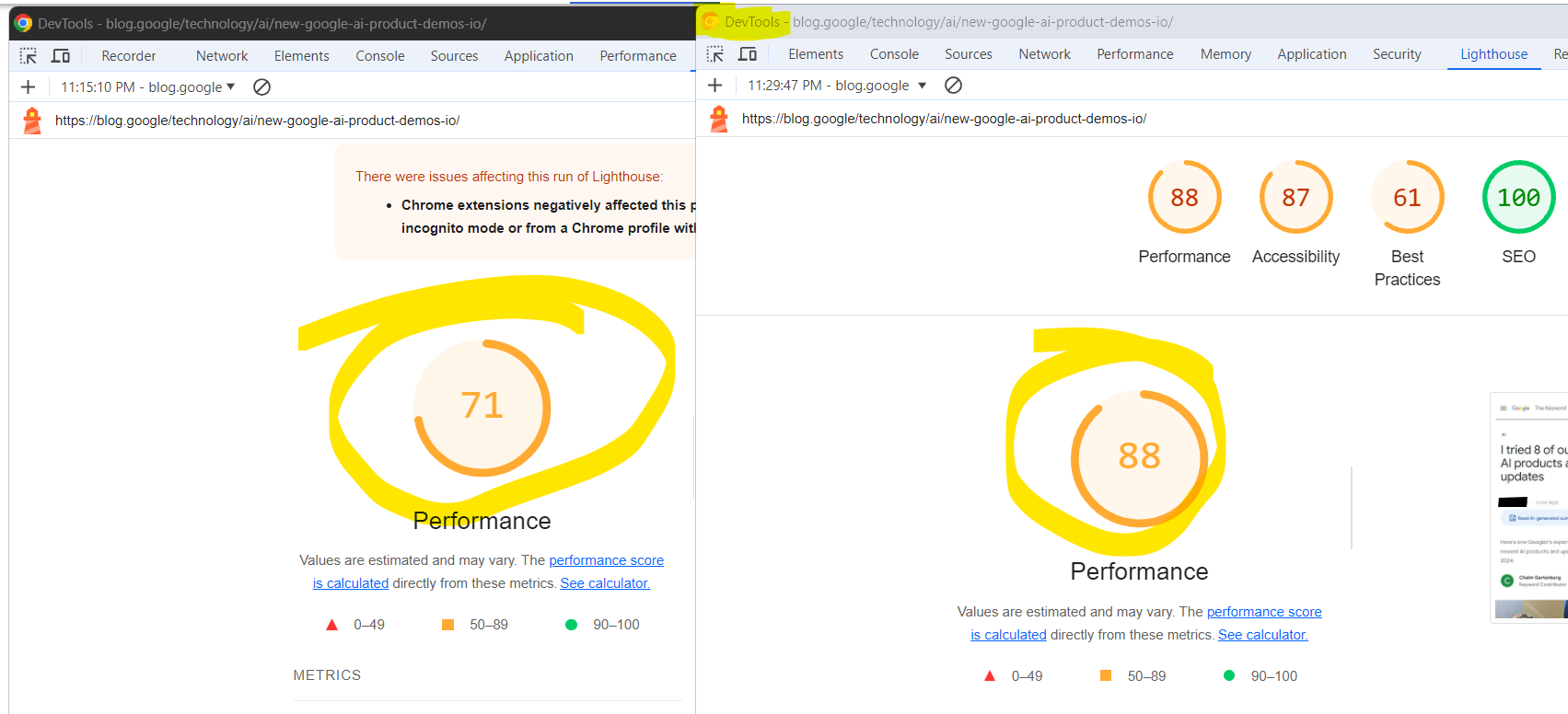 Deux captures d'écran des résultats de l'audit Lighthouse de Google Chrome DevTools. À gauche : version stable de Chrome avec modules complémentaires et à droite : Canary sans modules complémentaires.
