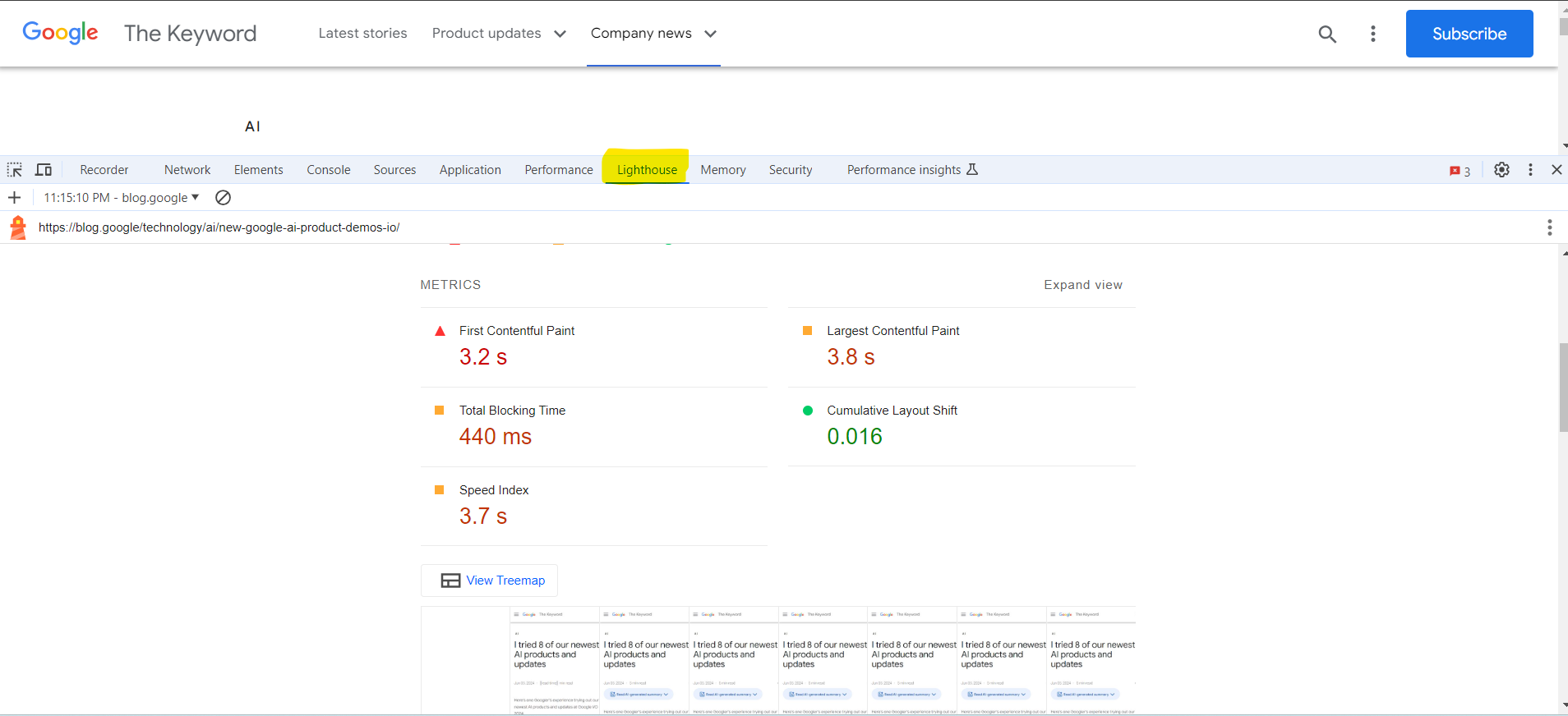 Exemple de rapport phare dans le navigateur Chrome DevTools