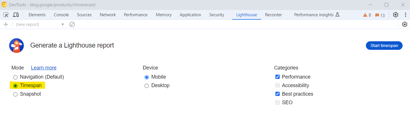 Durée de l'option dans Chrome Lighthouse DevTools