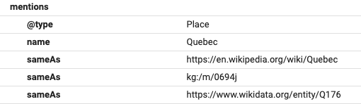 Exemple de liaison d'entités – Lever l'ambiguïté du lieu Québec en le liant à l'entité correspondante trouvée sur wikipedia, wikidata et le knowledge graph de Google