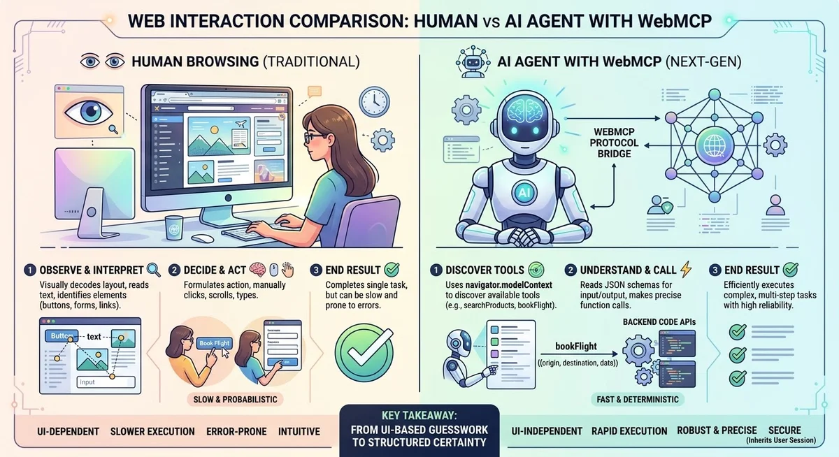 Infographie comparant la navigation Web humaine traditionnelle à l'interaction d'un agent IA à l'aide du protocole WebMCP.