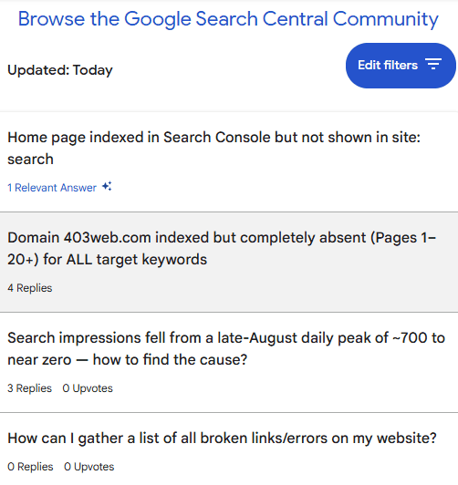 Capture d'écran montrant la communauté d'aide de Google est un Link Fest non modéré.