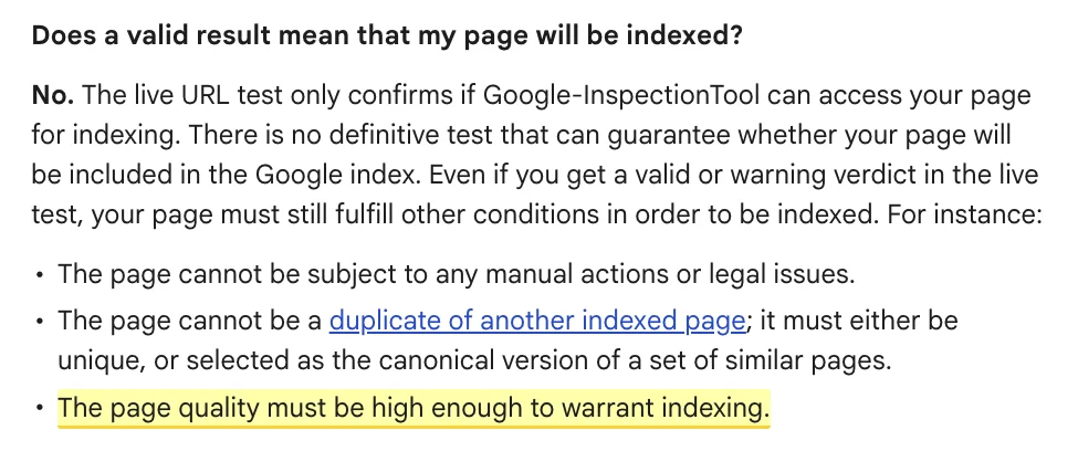 Texte d'aide de Google Search Console soulignant que la qualité de la page doit être suffisamment élevée pour l'indexation.