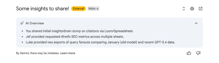 Présentation de Gmail Gemini AI résumant un fil de discussion sur les citations d'IA, les métriques Ahrefs SEO et les exportations de diffusion de requêtes comparant des modèles plus anciens et plus récents.